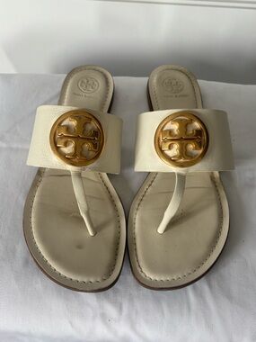 Tory Burch Ivory Leather Logo Thong Sandals with Gold Medallions